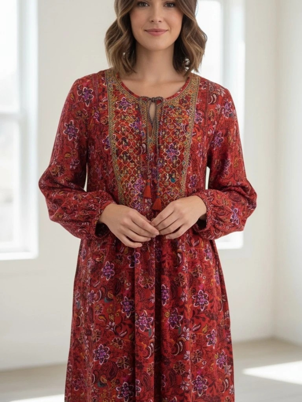 Boho Floral Peasant Dress in Rust Red